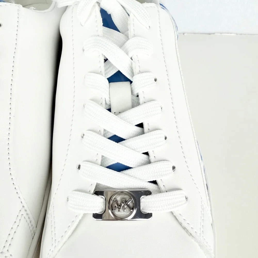 Michael Kors Women's KORS Print Side Faux Leather White Blue Sneakers Sz 7M NWOT